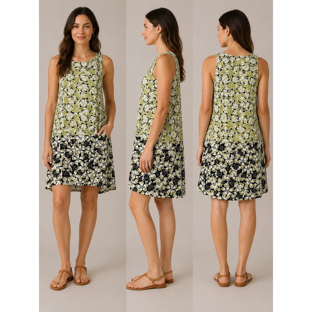 J.Jill Womens XS Petite‎ Green Black Floral Rayon Sleeveless Sharkbite Dress